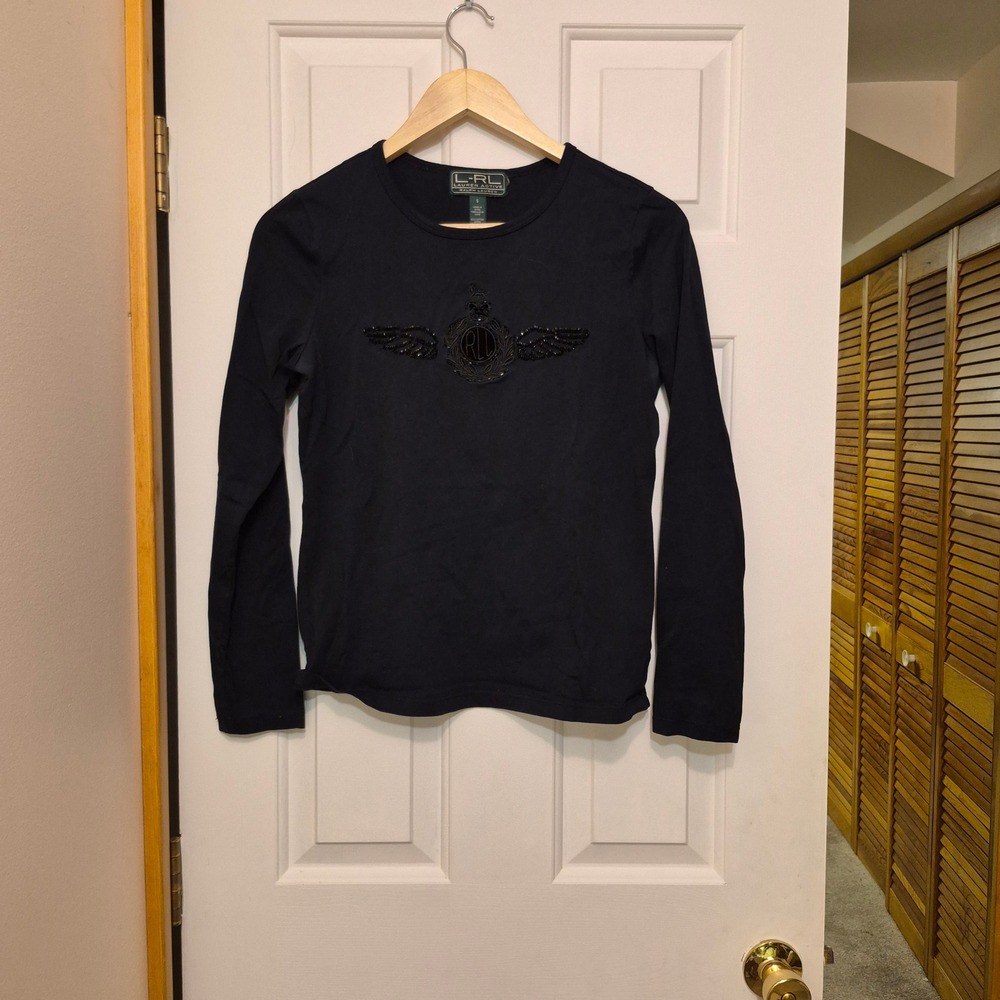 Lauren Ralph Lauren Active Womens Black‎ Beaded Crest Wing Long Sleeve Shirt S